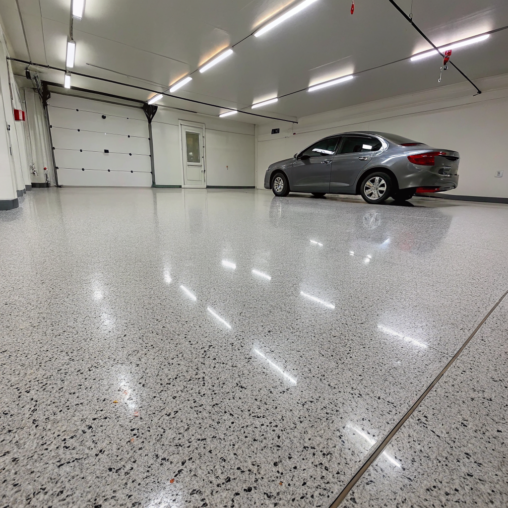 Freshly coated garage floor with a light gray epoxy base and metallic flake blend, alongside white storage cabinets