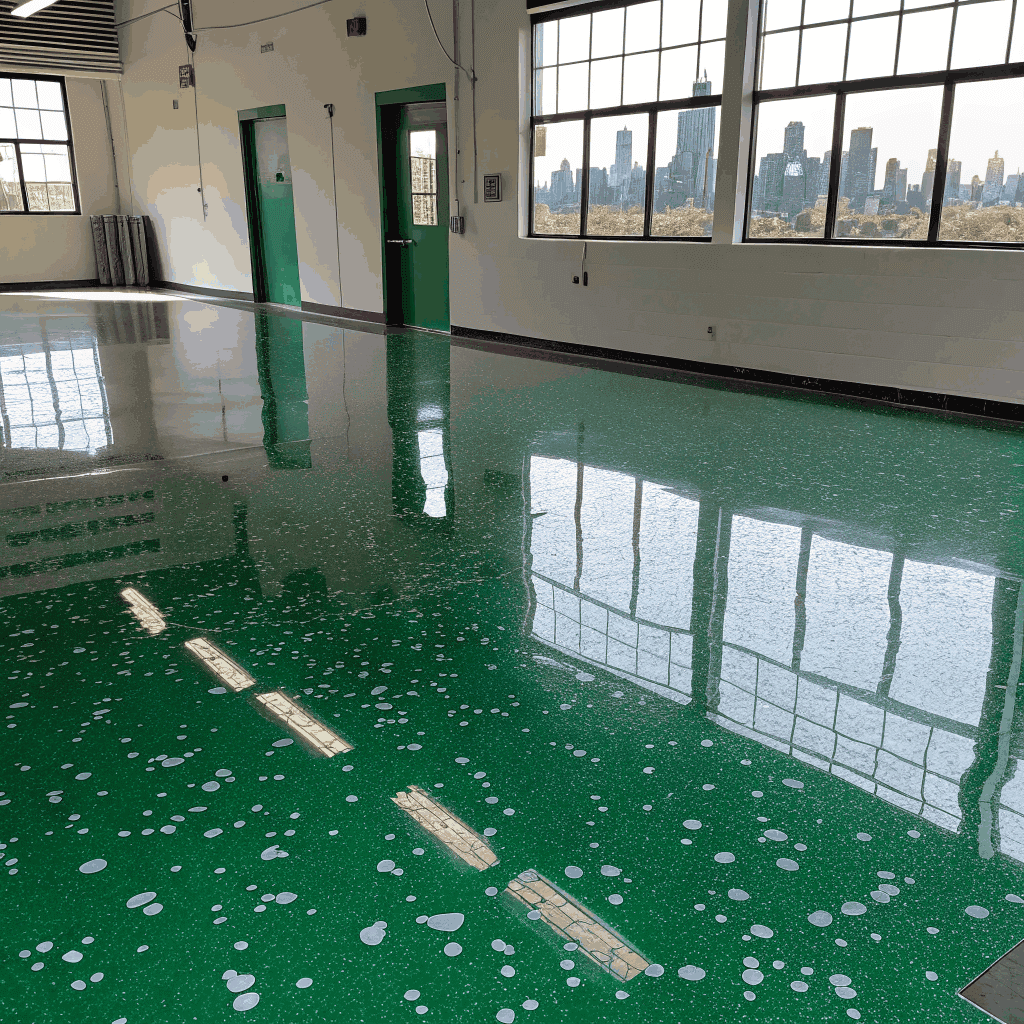 Elite Epoxy Surfaces technician applying a glossy purple-tinted epoxy coating to a garage floor