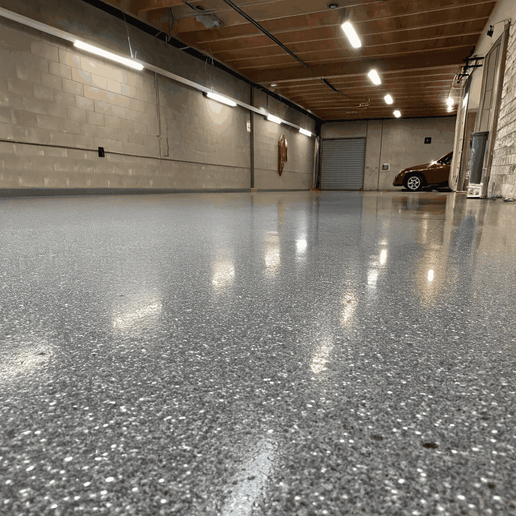 Close-up of a freshly finished glossy purple-tinted epoxy garage floor coating with a contractor standing nearby