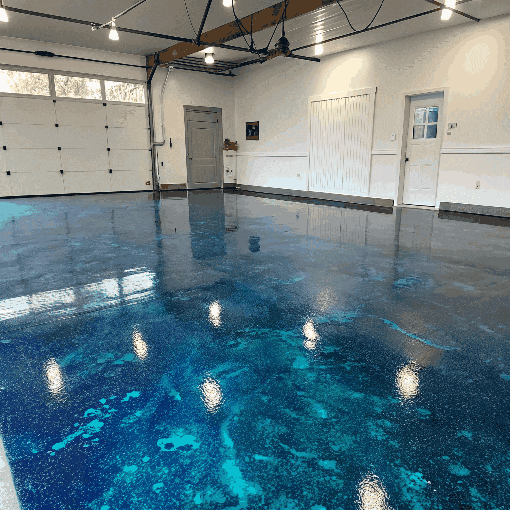 Close-up of a freshly finished blue-tinted epoxy garage floor coating with a car parked and a palm tree visible through the open door