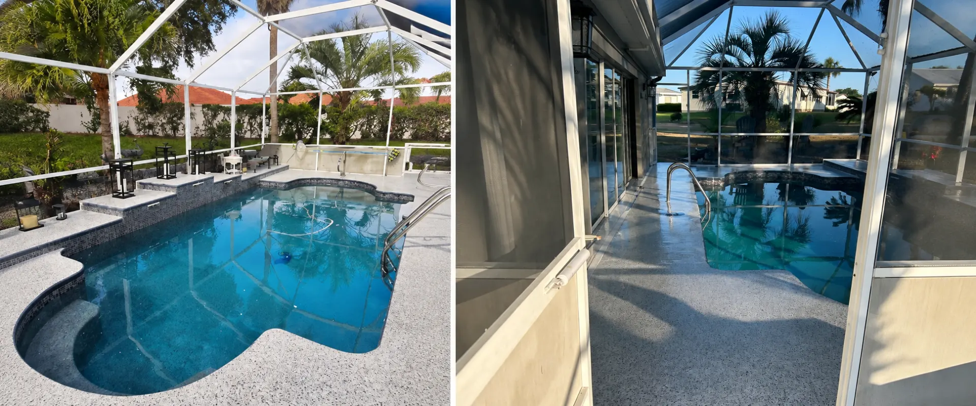Side-by-side view of two screened pool lanais with epoxy flake flooring in Central Florida